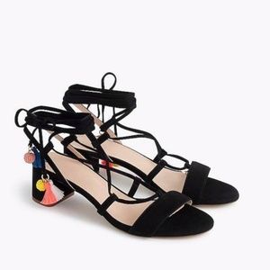 JCREW Black Suede Lace-Up Block Heel Sandals with Beaded Tassels
